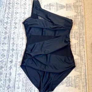 Black One Shoulder Mesh One Piece Swimsuit